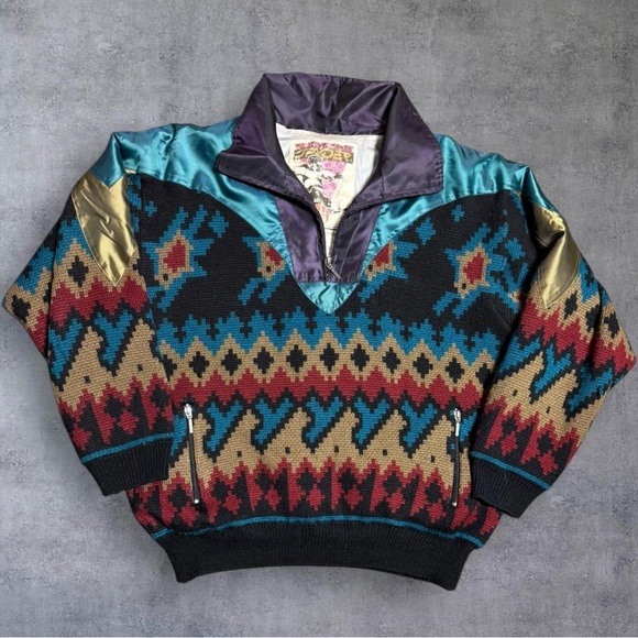 Vintage 80s Spyder Black Teal Southwestern Pattern Pullover Sweater Coat XL